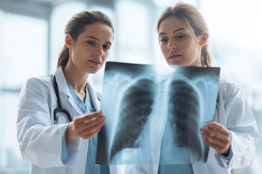 Two female doctors examining a chest X-ray in a bright hospital setting, collaborating on diagnosis and medical imaging for patient respiratory care