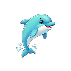 Fototapeta premium Cute cartoon light blue dolphin leaping out of water with splashing waves isolated on a transparent background playful ocean creature illustration