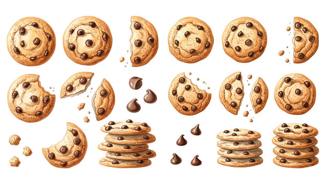 A delicious assortment of illustrated chocolate chip cookies, shown whole, broken in half, and stacked with crumbs.