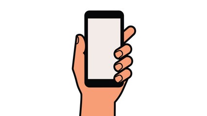 Hand holding smartphone with blank screen mockup template, vertical view. Flat vector illustration of mobile phone isolated on white background