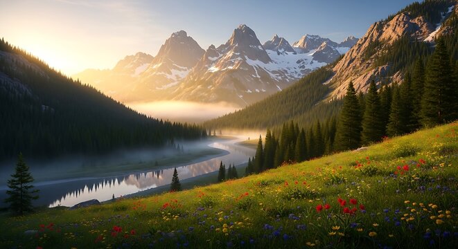 A serene mountain valley at sunrise, with a winding river, misty forests, and vibrant wildflowers covering the grassy hillside beneath towering snow-capped peaks.
