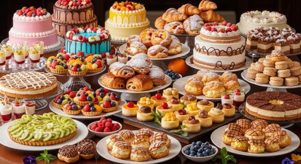 Abundance of Delicious Pastries and Cakes on Display - A delectable spread of cakes, pastries, and desserts artfully arranged on a table, symbolizing indulgence, celebration, variety, artistry, and