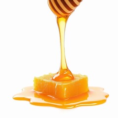 Golden honey dripping from a wooden dipper onto a perfect square of honeycomb, isolated on white background