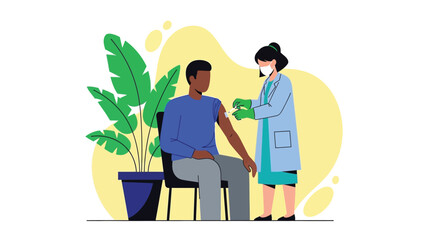 Medical Worker Giving Vaccine Shot to an African American Man. Mass Vaccination Campaign Against Infectious Disease Prevention. Immunization Concept Vector Illustration.