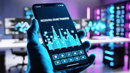 Hand holding phone, "Access Granted" displayed, in a futuristic office with multiple screens - Powered by Adobe