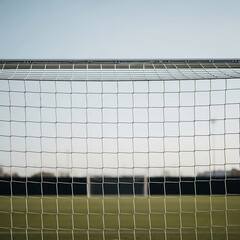 View through a white soccer goal net on a green sports field.