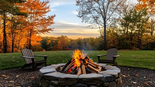 A cozy firepit in a backyard surrounded by autumn leaves