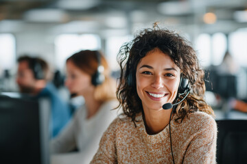 Smiling customer service agent with headset in a bright modern call center — friendly female support representative assisting clients