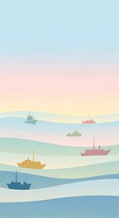 Minimalist pastel illustration of ships sailing on a calm sea at sunset.
