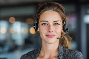 Smiling call center agent wearing headset in modern office, friendly customer service representative offering professional support and communication