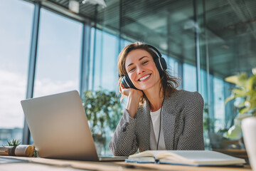 Smiling young professional woman wearing headphones working on a laptop in a bright modern office, enjoying a video call or listening to music