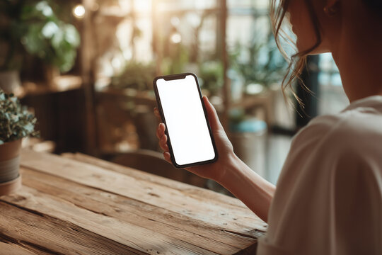 Woman Holding Smartphone with Blank White Screen in a Cozy Sunlit Cafe — Lifestyle Mobile Mockup for Apps, Social Media, UX and Digital Interfaces - Powered by Adobe