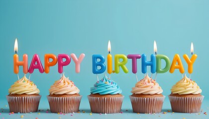 Celebratory cupcakes spell 'Happy Birthday' against a bright blue background.