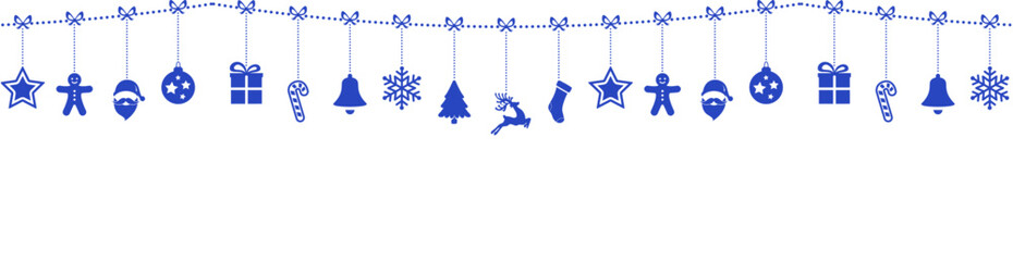 Panoramic christmas banner, new year background with blue garland with silhouettes of christmas tree decorations on strings on a white background with copy space