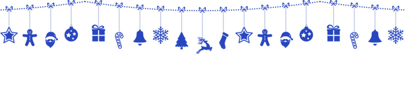 Panoramic christmas banner, new year background with blue garland with silhouettes of christmas tree decorations on strings on a white background with copy space