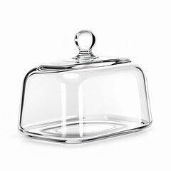 Elegant rectangular glass cloche with knob handle for serving and protecting cheese, butter, or small pastries, isolated on white background