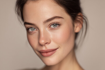 Fototapeta premium Close-up portrait of a young woman with glowing skin, blue eyes and natural makeup, smiling with confidence and modern beauty.