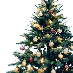 Decorated Christmas Tree With Golden Red Ornaments and Twinkling Lights Detailed Close Up Shot Isolated on Black Background with Artificial Pine Needles and Baubles