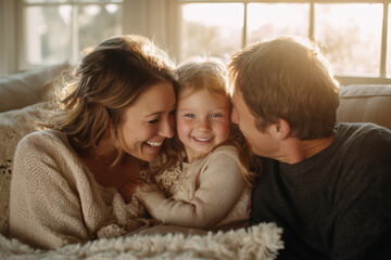 Obraz premium Warm Golden-Hour Family Portrait: Parents Embracing Smiling Little Daughter on Couch, Cozy Home Moment of Love, Laughter and Togetherness