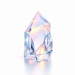 A stunning, multifaceted crystal shard with iridescent light refraction, isolated on white background