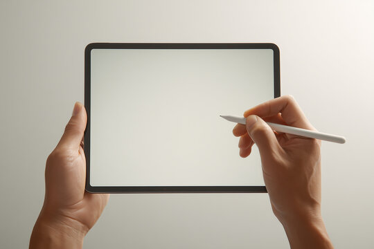 Closeup of Hands Holding a Blank Tablet with Stylus — Minimal Digital Workspace for Drawing, Note-Taking, Mockups and Creative Design on Touchscreen Device