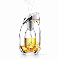 Elegant glass essential oil diffuser with chrome accents emitting a subtle fragrant vapor, isolated on white background