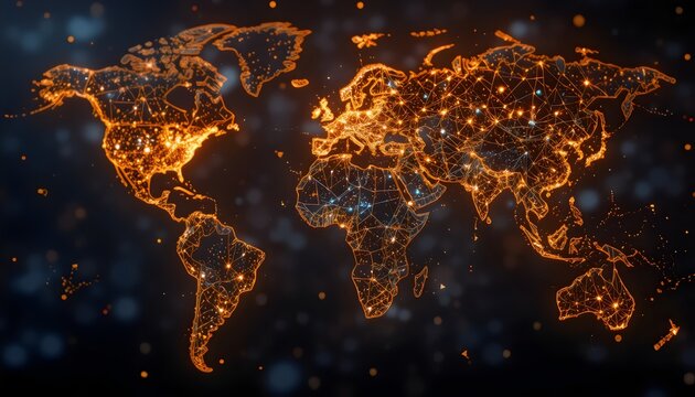 Global Connectivity: An Abstract Digital World Map with Network Connections