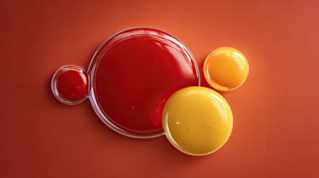 Abstract design of three circles, red and yellow, on a red background. Fluid, viscous, shapes overlap