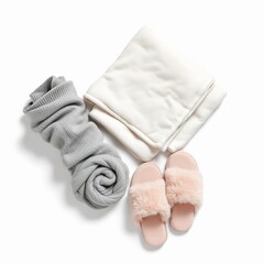 Cozy winter relaxation set featuring a rolled gray knit sock, a folded white blanket, and a pair of fluffy pink opentoe slippers, isolated on white background