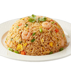 Delicious Shrimp Fried Rice Served on a White Plate with Garnish Overhead View