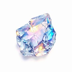 Brilliant rough cut diamond crystal with vibrant internal light refraction and prismatic color dispersion isolated on white background