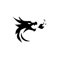 Obraz premium Fierce, aggressive dragon head logo breathing fire. A bold black and white design symbolizing power, intensity, and speed. Ideal for gaming, e-sports, or powerful fantasy branding.