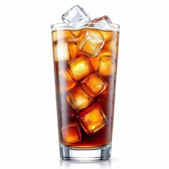 Tall glass filled with dark brown cola beverage and many clear ice cubes, isolated on white background