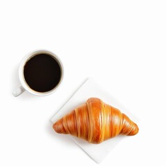 Overhead view of a freshly baked golden brown croissant served on a white napkin next to a cup of black coffee, isolated on white background