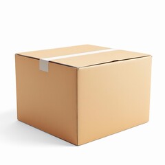 A single, closed, brown cardboard shipping box sealed with white tape, isolated on white background
