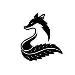 Elegant, stylized black and white fox with a flowing, leafy tail. A sophisticated and natural design, perfect for branding, logos, or apparel.