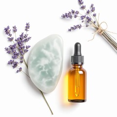 Aromatherapy essential oil dropper bottle next to a light green gua sha stone and sprigs of fresh lavender flowers isolated on white background
