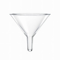 Clear glass laboratory funnel with wide mouth and tapered stem, isolated on white background