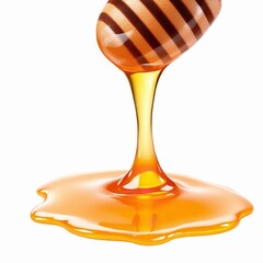 Closeup shot of golden honey being drizzled from a wooden dipper onto a white surface, creating a thick, viscous pool below, isolated on white background