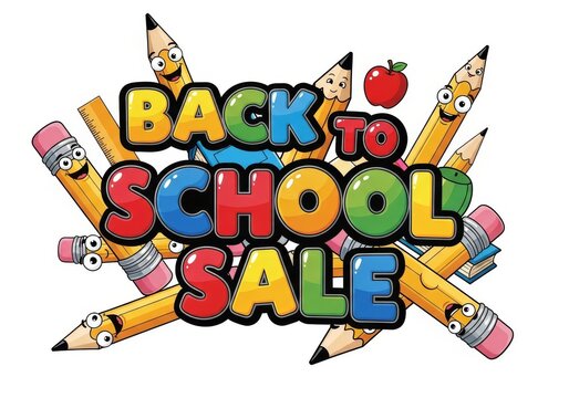 Bright Back to School Sale Cartoon - A playful back to school sale design featuring colorful lettering and cartoon pencils, representing learning, discounts, excitement, supplies, and fresh starts
