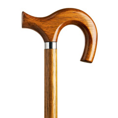 Detailed Close-up of a Polished Brown Wooden Cane with a Curved Handle and Silver Accents isolated on a Black Background symbolizing elegance and support