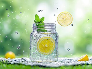A glass jar filled with sparkling water, lemon slices, and mint leaves, with water splashes and a blurred green background.