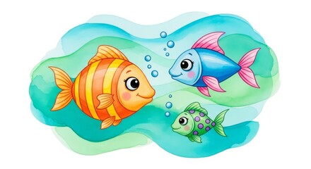Cartoon Fishes in Watercolor - Cartoon illustration of three cute fishes with different colors in watercolor