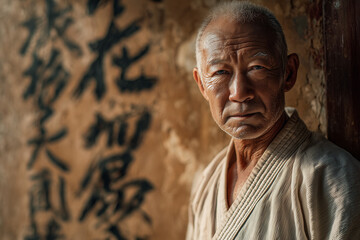 Naklejka premium Contemplative portrait of an elderly martial arts master in a worn traditional uniform by a calligraphy-covered wall, radiating strength and wisdom