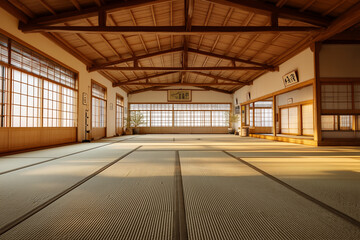 Sunlit traditional Japanese tatami hall with exposed wooden beams and shoji screens — serene empty dojo interior showcasing minimalist Zen design