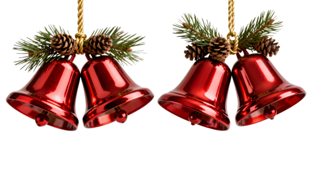 Four shiny red Christmas bells with pine needles and pinecones hanging on golden ropes against a white background, symbolizing holiday cheer and festive decorations.