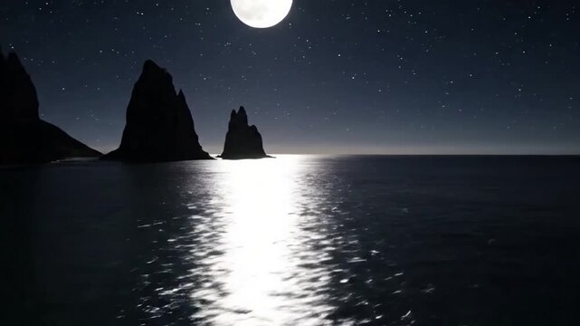 An abstract, cosmic animation depicting the moon's gravitational pull influencing ocean tides, with shimmering water effects and celestial bodies. Top down view, dynamic graphic animation