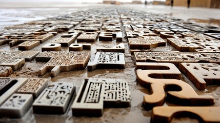 A vast outdoor installation features numerous carved letters and symbols made of stone and wood, laid out in rows on a wet, sandy ground.