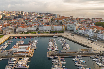 Aerial view of A Coruna cityscape at sunrise in Galicia, Northern Spain.