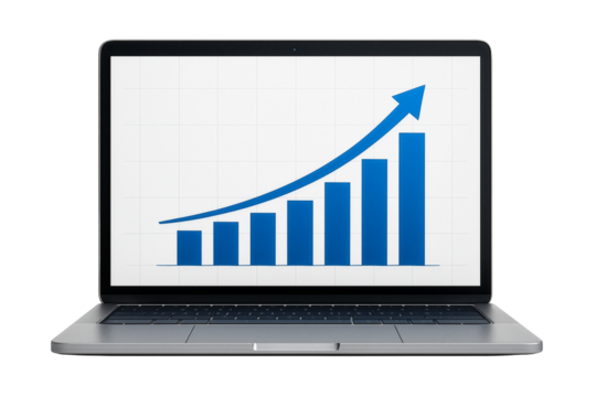 Modern laptop displaying rising business growth graph isolated on white